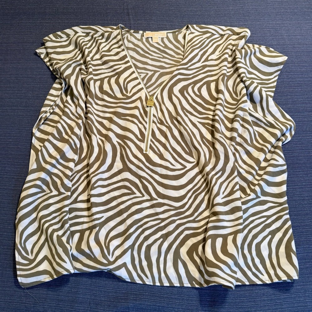 Michael Michael Kors Zebra Print Kaftan Top Olive Green Gold Padlock Zip S/M